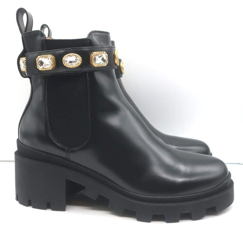 Gucci Trip Jeweled Strap Chelsea Boots Black Leather Size 39.5 NEW - Picture 3 of 11